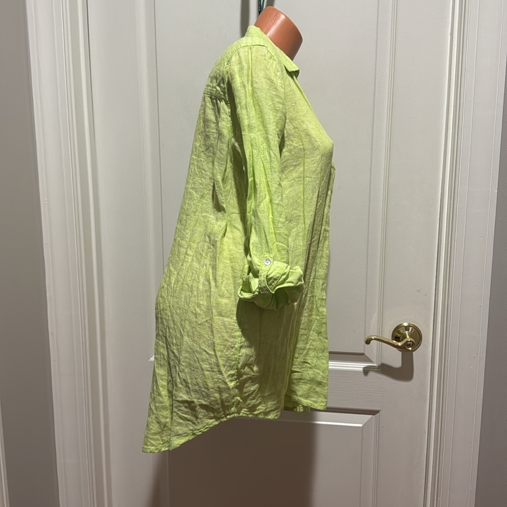 SIGRID OLSEN Linen Shirt Green L/S Roll Cuff V Neck Point Collar S Small EUC $98 - Picture 9 of 13